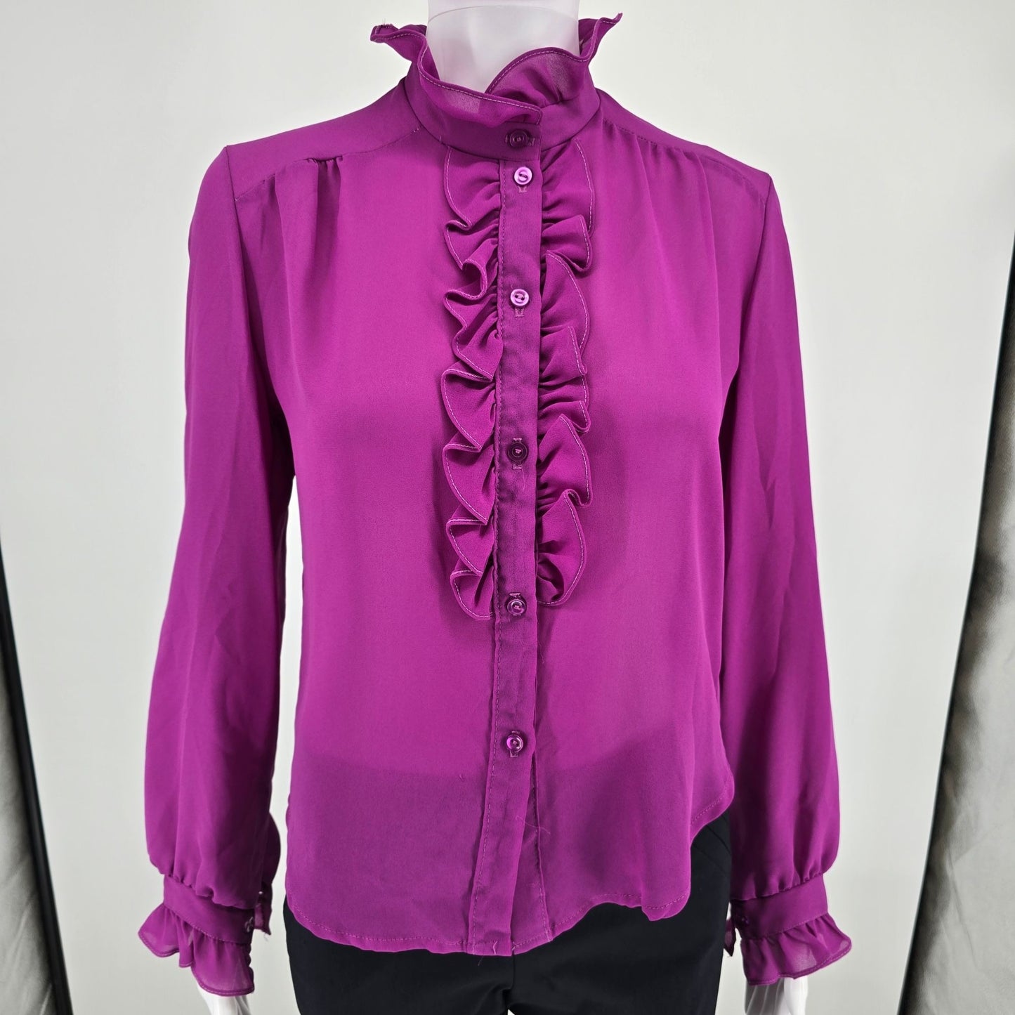Vintage 1970s Women's Unbranded Fuschia Ruffle Jabot Semi-Sheer Blouse (M)
