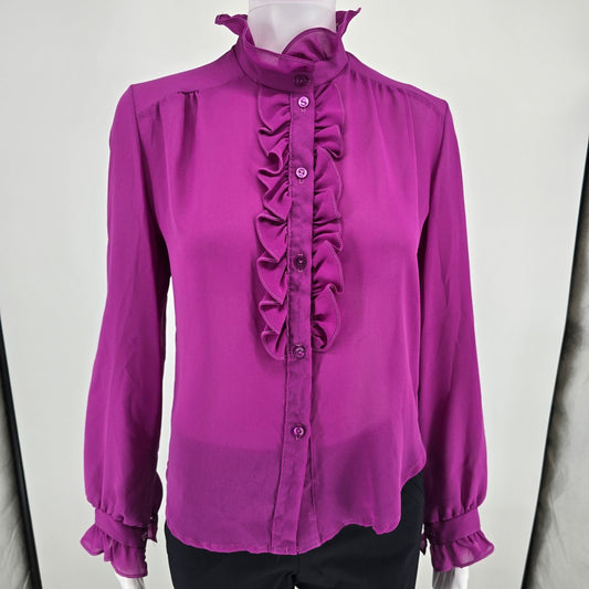 Vintage 1970s Women's Unbranded Fuschia Ruffle Jabot Semi-Sheer Blouse (M)