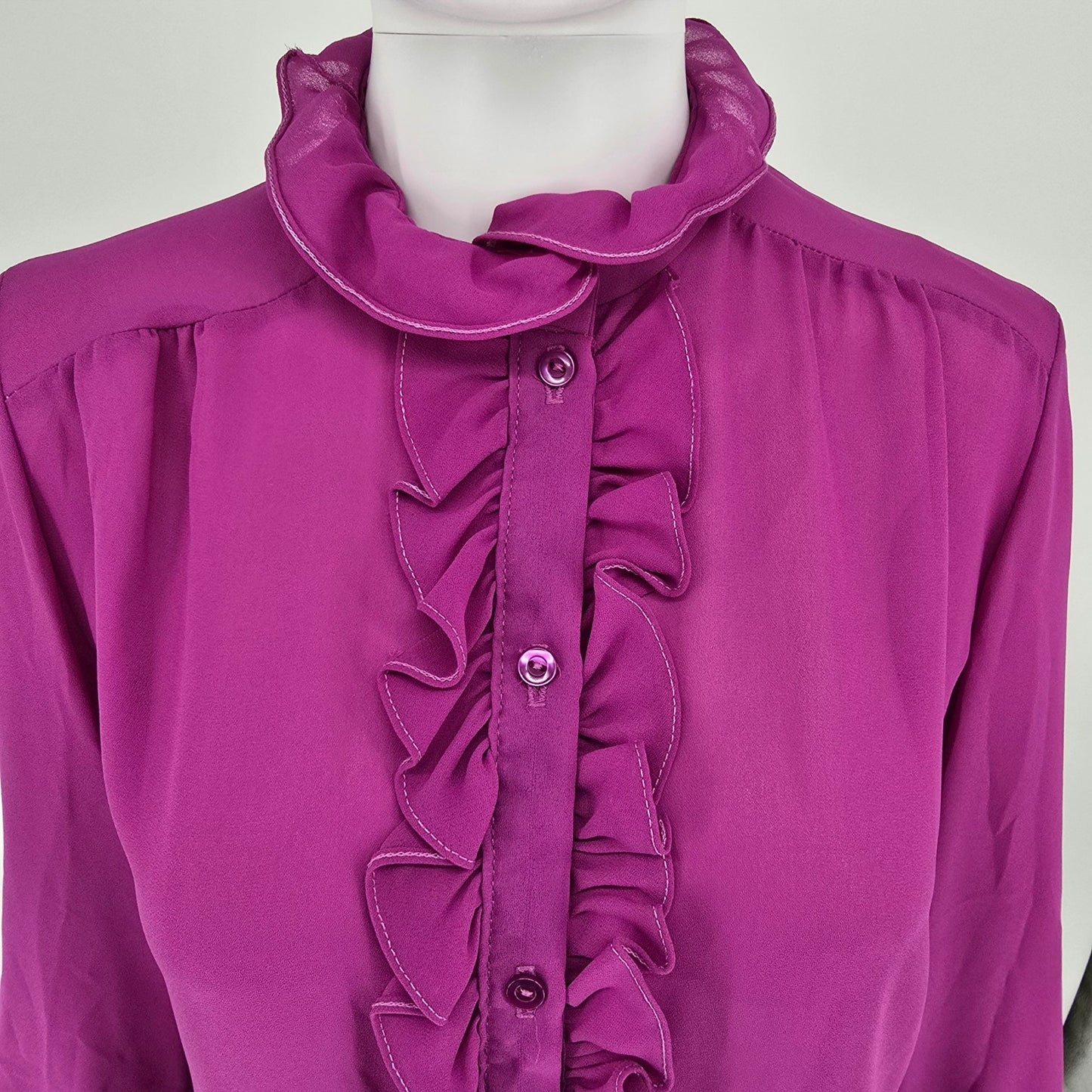Vintage 1970s Women's Unbranded Fuschia Ruffle Jabot Semi-Sheer Blouse (M)