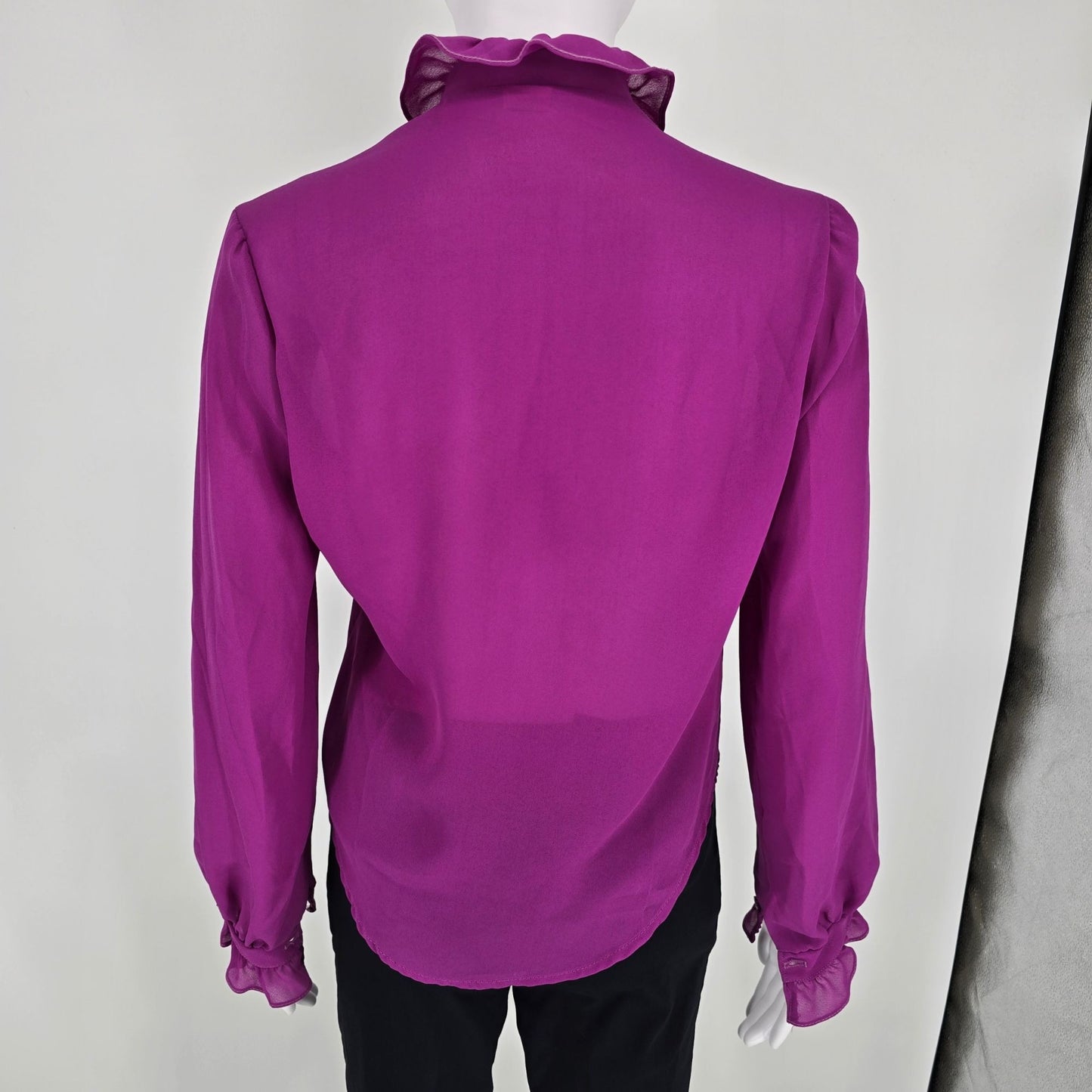 Vintage 1970s Women's Unbranded Fuschia Ruffle Jabot Semi-Sheer Blouse (M)