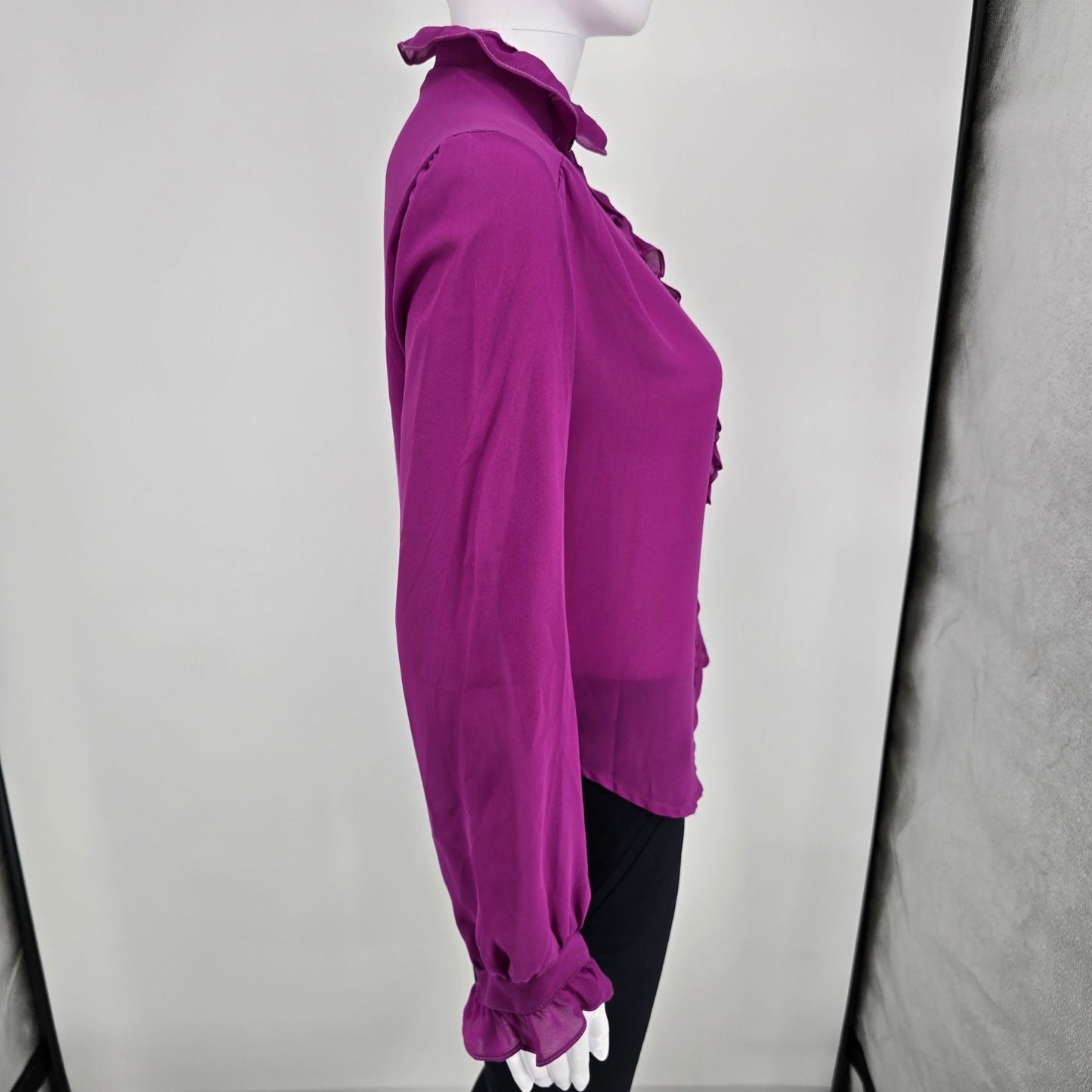 Vintage 1970s Women's Unbranded Fuschia Ruffle Jabot Semi-Sheer Blouse (M)