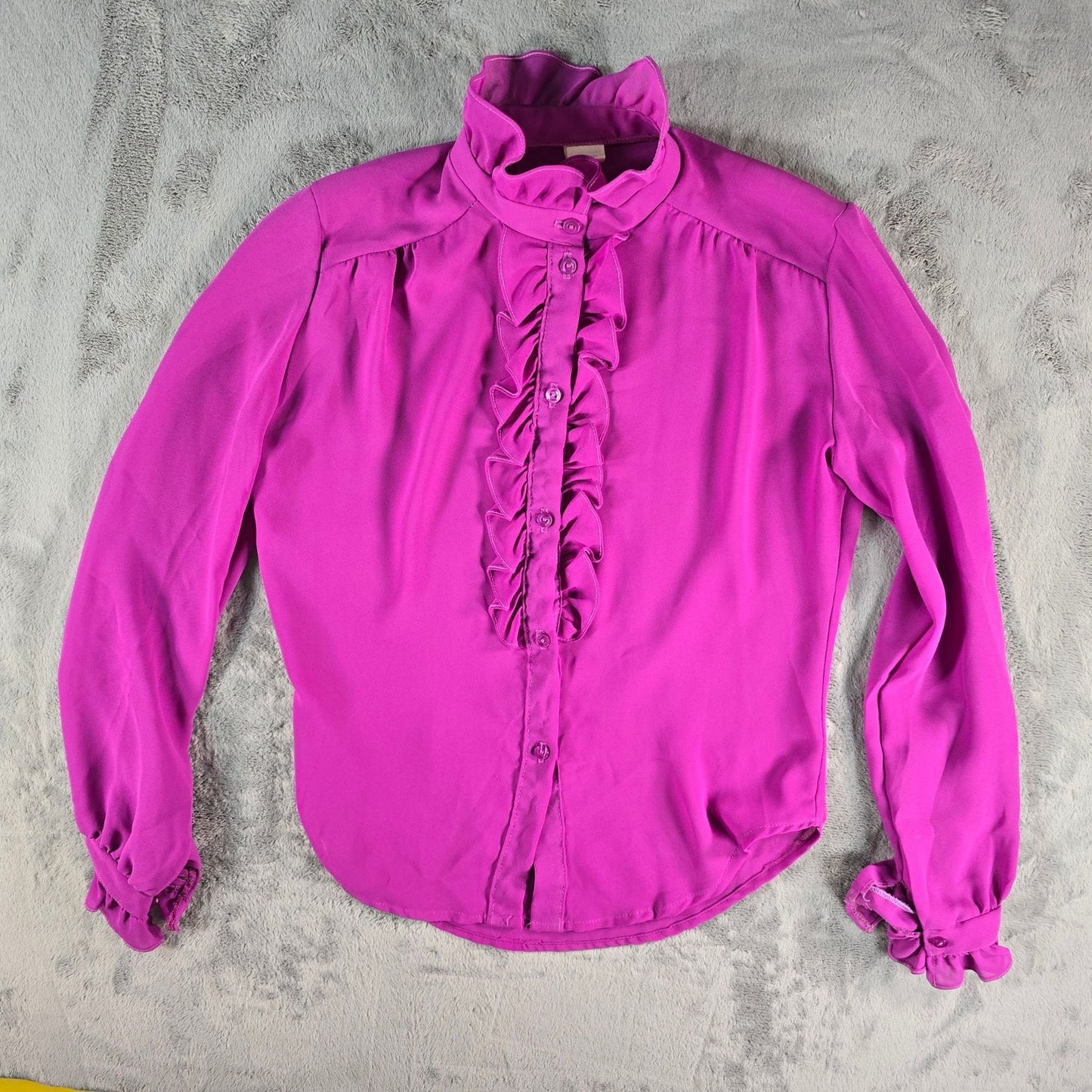 Vintage 1970s Women's Unbranded Fuschia Ruffle Jabot Semi-Sheer Blouse (M)
