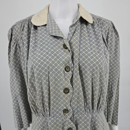 Vintage 1940s Gray Lattice Print Contrast Collar Shirtwaist Day Dress (L)