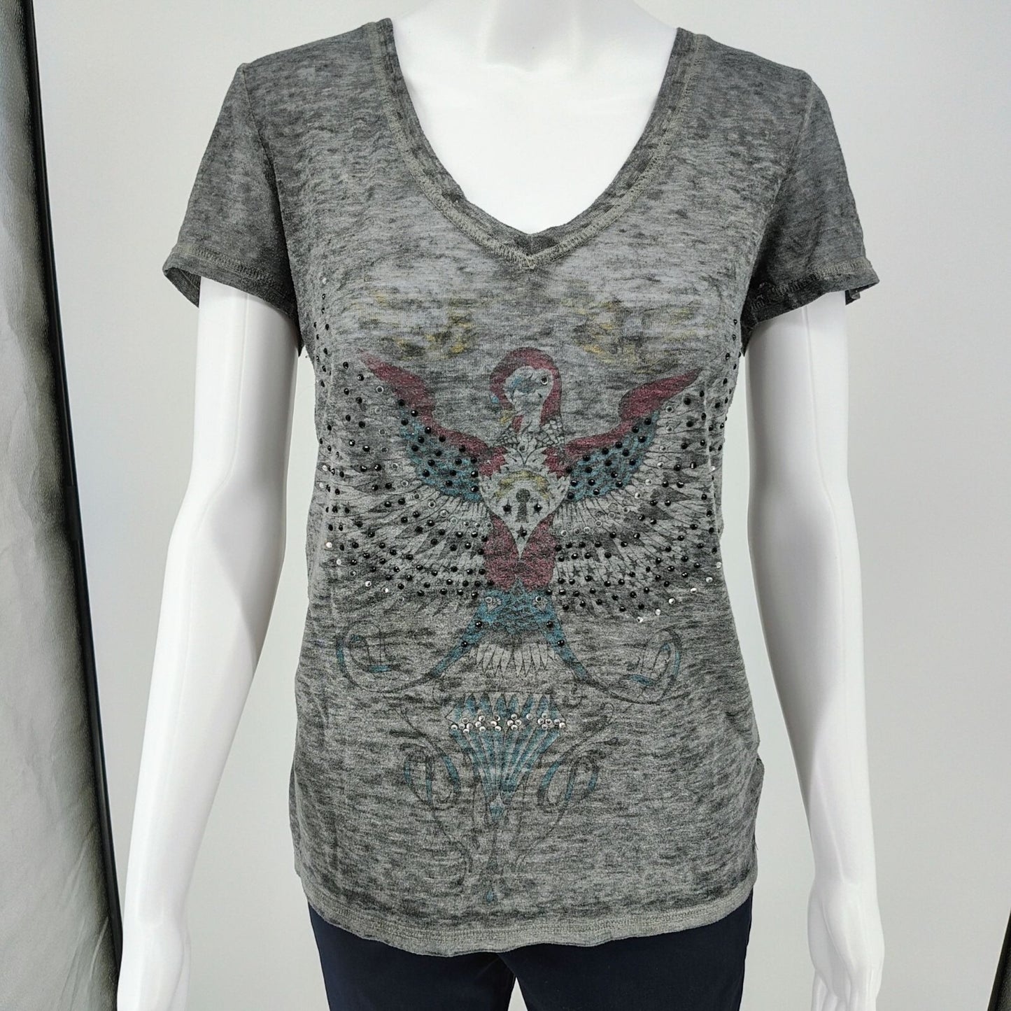 Y2K Aesthetic Crash & Burn Rhinestone Embellished Burnout V-Neck T-Shirt (8/M)