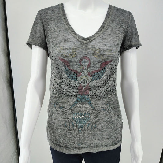 Y2K Aesthetic Crash & Burn Rhinestone Embellished Burnout V-Neck T-Shirt (8/M)
