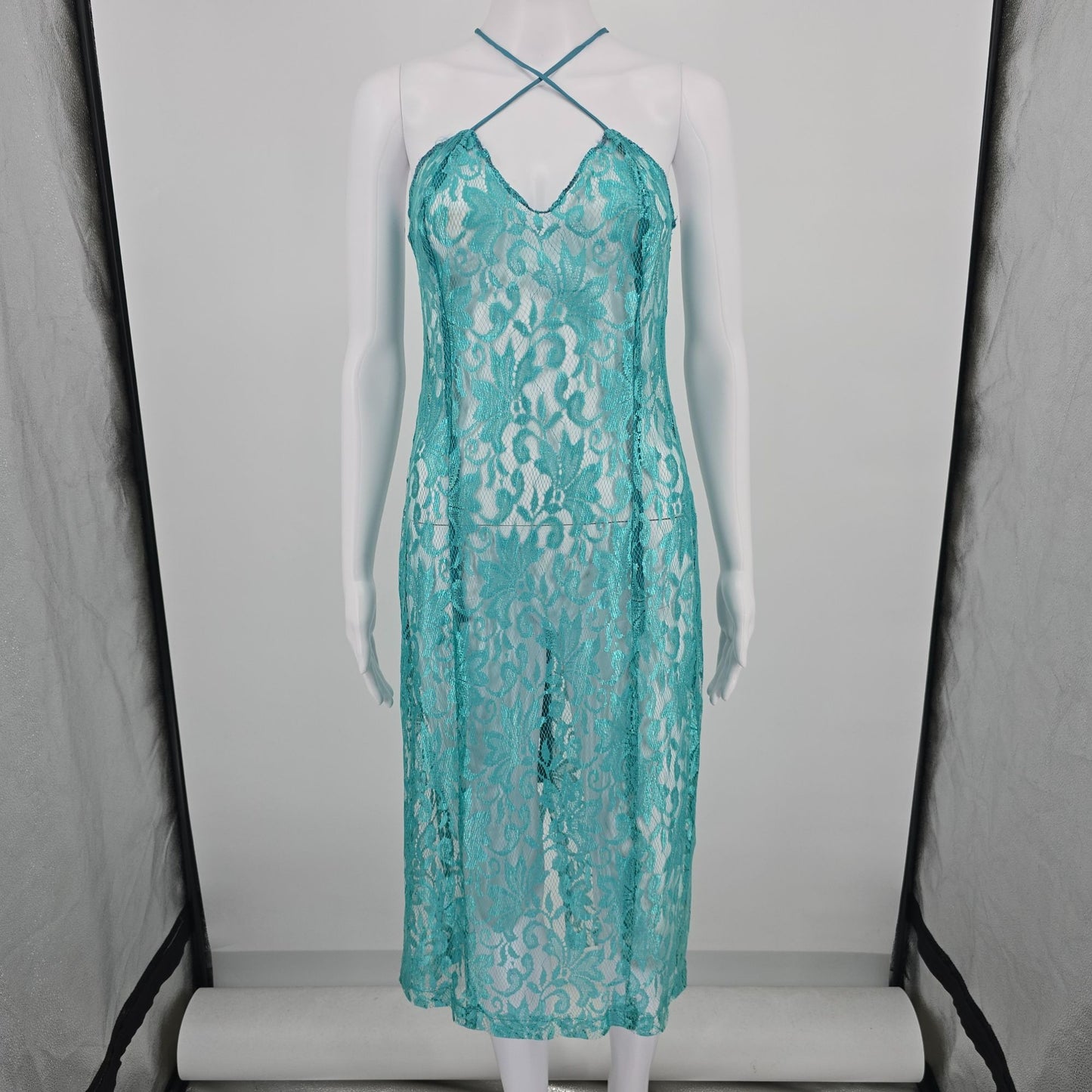 Vintage 1960s Turqouise Sheer Shimmering Floral Lace Unlined Slip Dress (XS/S)