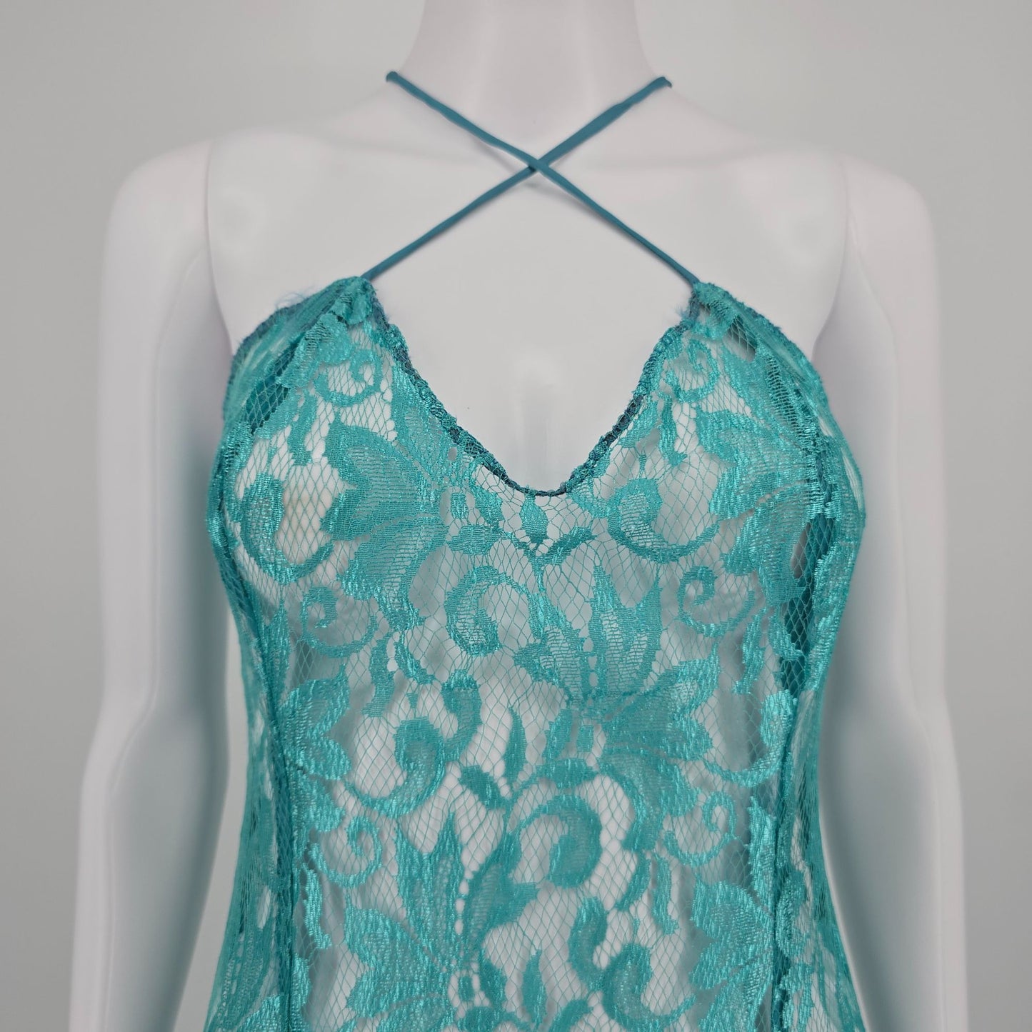 Vintage 1960s Turqouise Sheer Shimmering Floral Lace Unlined Slip Dress (XS/S)