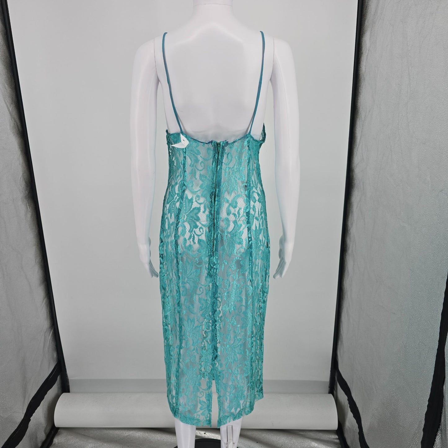 Vintage 1960s Turqouise Sheer Shimmering Floral Lace Unlined Slip Dress (XS/S)