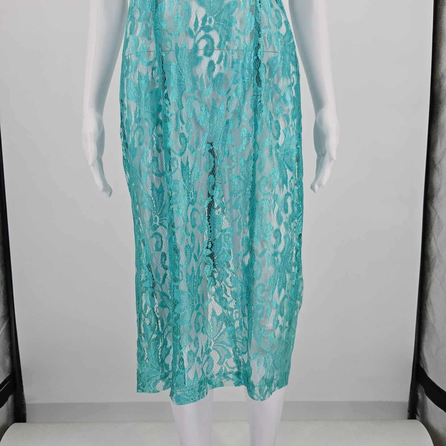 Vintage 1960s Turqouise Sheer Shimmering Floral Lace Unlined Slip Dress (XS/S)