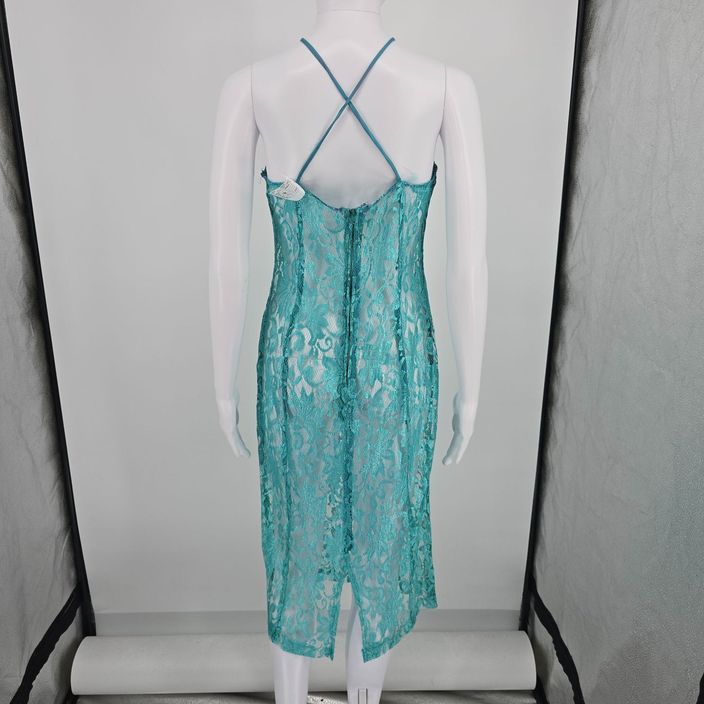 Vintage 1960s Turqouise Sheer Shimmering Floral Lace Unlined Slip Dress (XS/S)