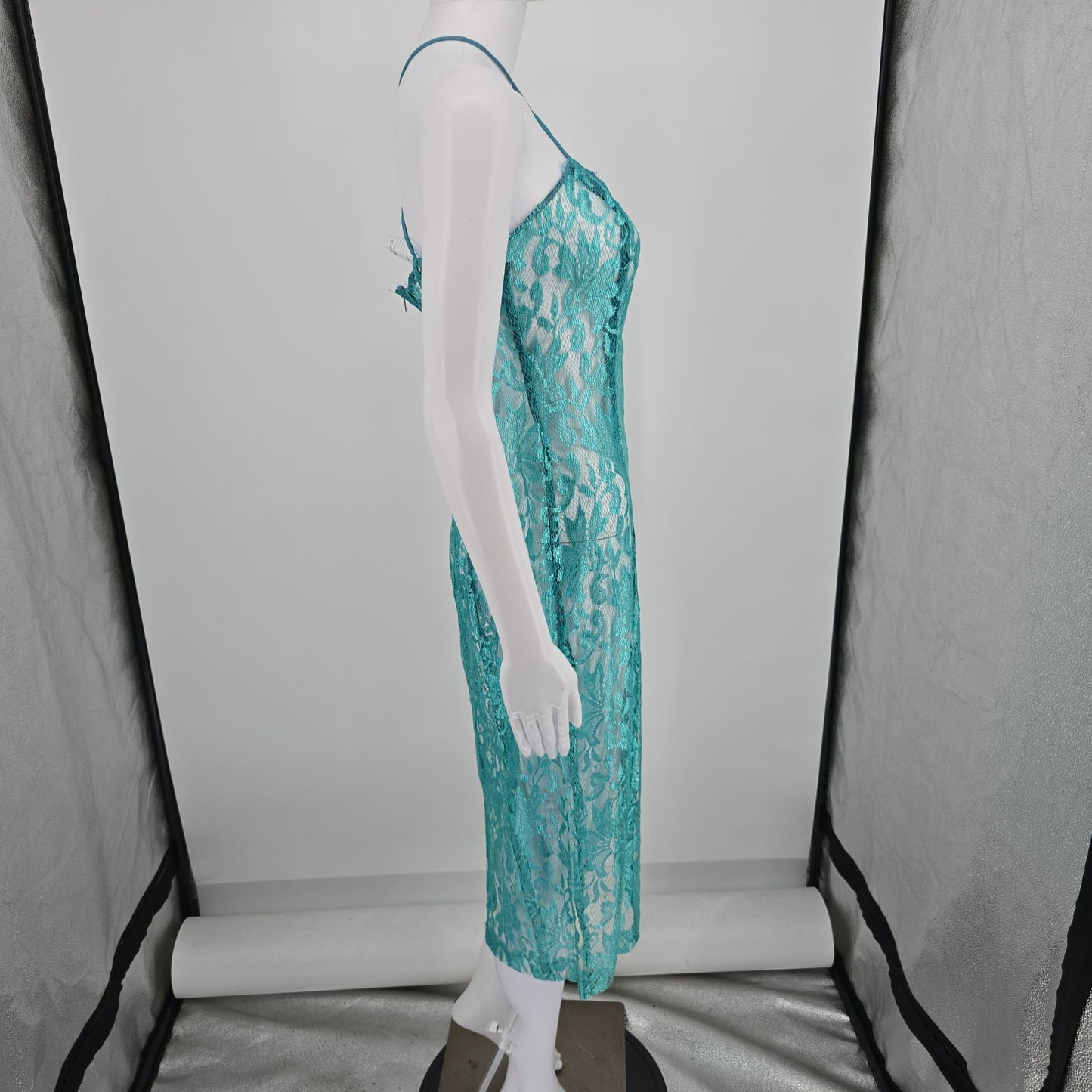 Vintage 1960s Turqouise Sheer Shimmering Floral Lace Unlined Slip Dress (XS/S)