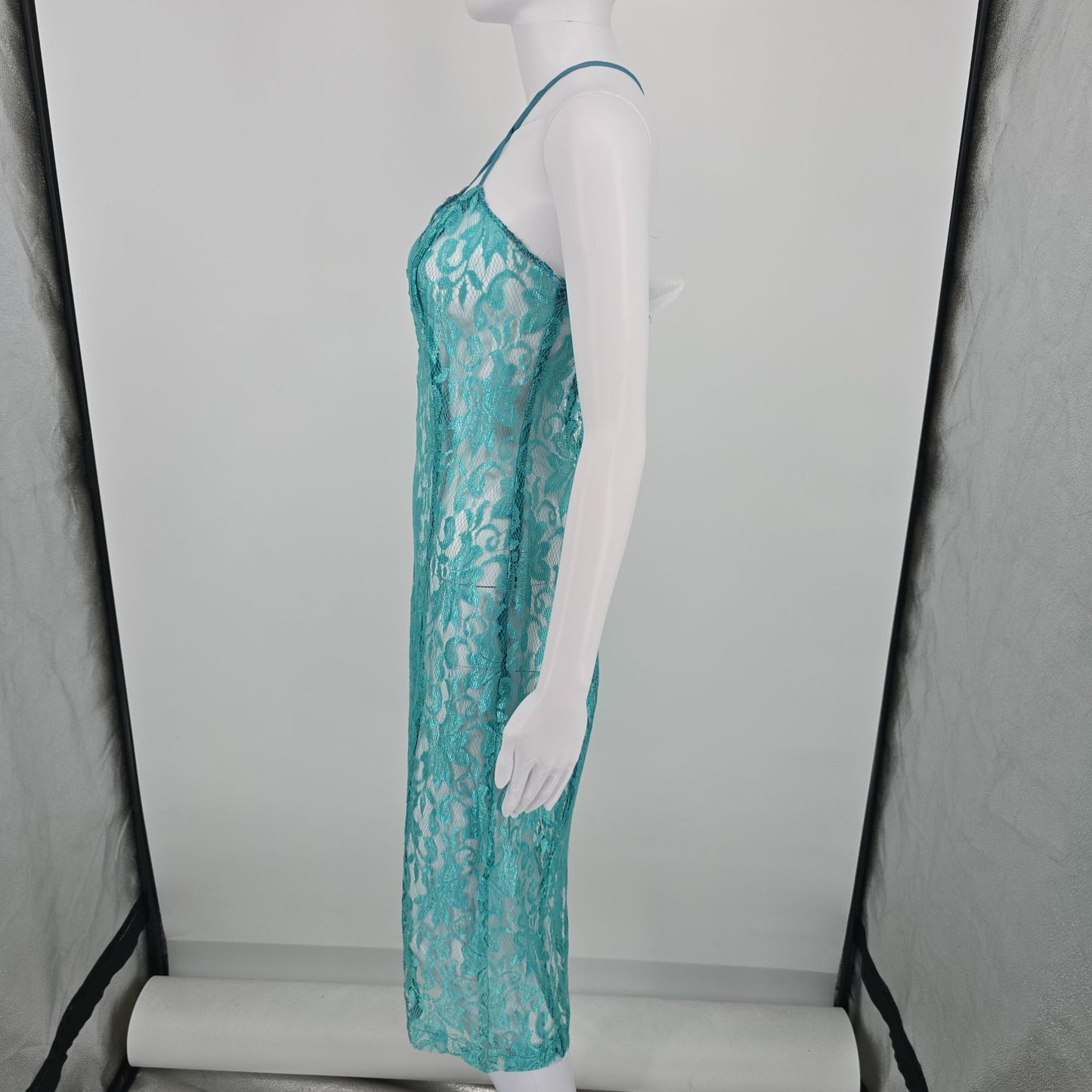 Vintage 1960s Turqouise Sheer Shimmering Floral Lace Unlined Slip Dress (XS/S)