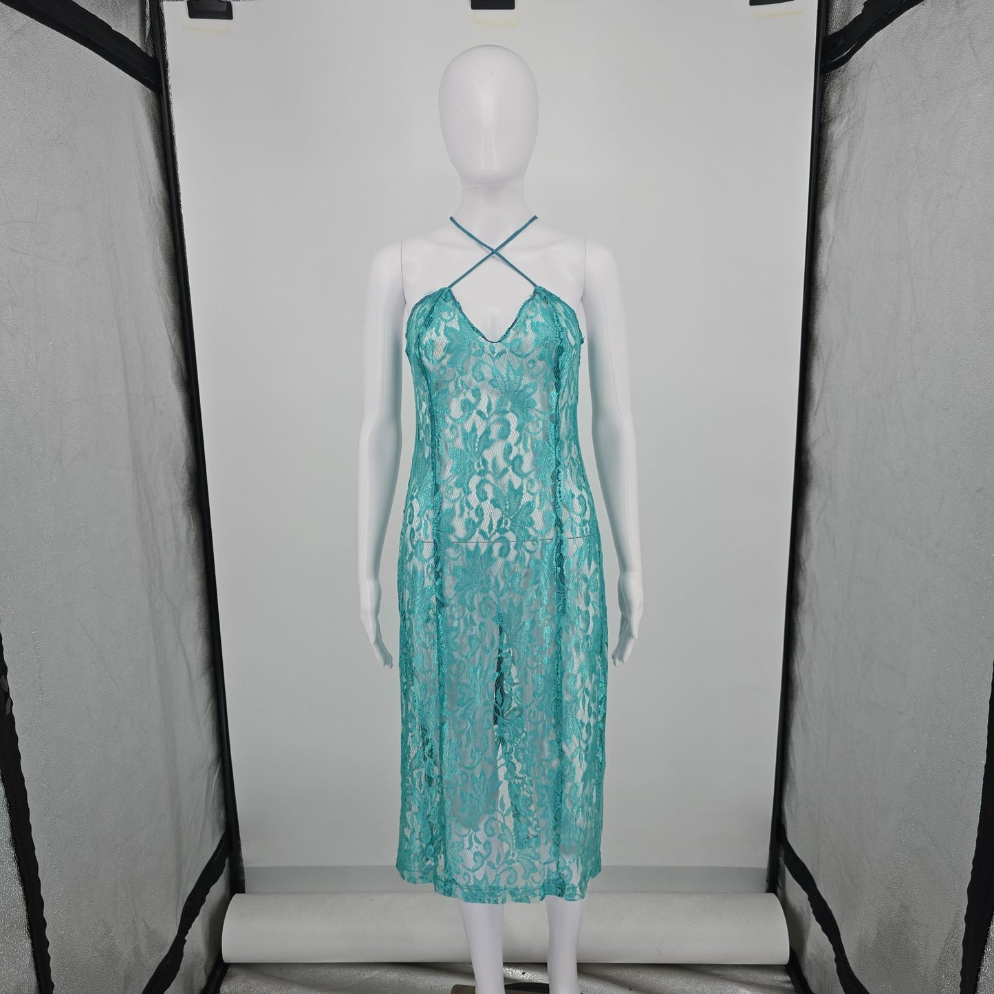 Vintage 1960s Turqouise Sheer Shimmering Floral Lace Unlined Slip Dress (XS/S)