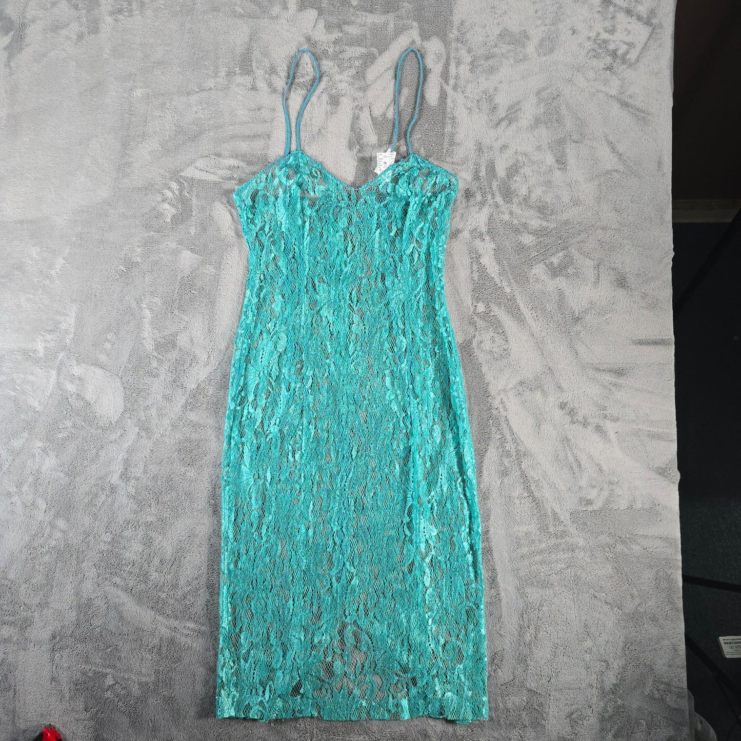 Vintage 1960s Turqouise Sheer Shimmering Floral Lace Unlined Slip Dress (XS/S)