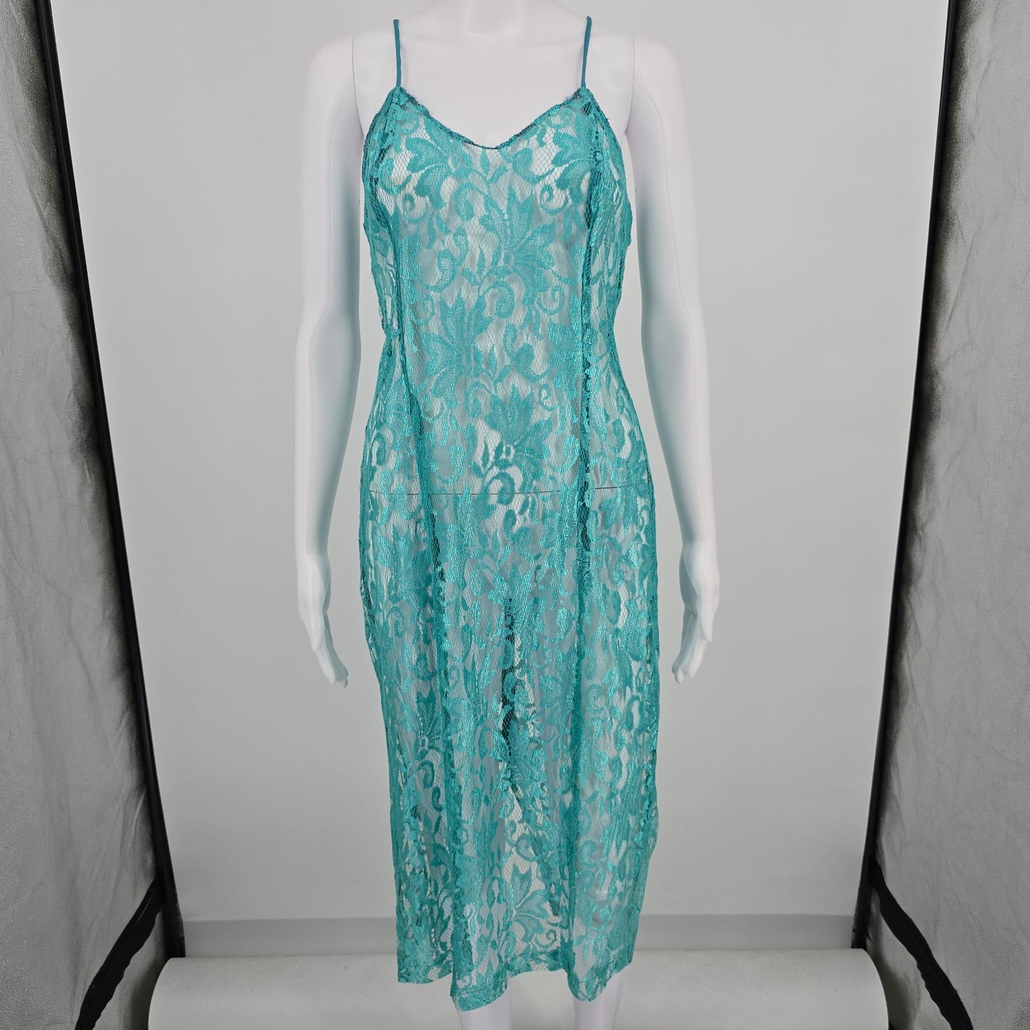 Vintage 1960s Turqouise Sheer Shimmering Floral Lace Unlined Slip Dress (XS/S)
