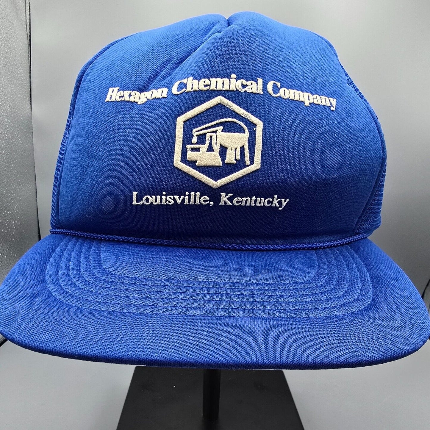 Vintage 80s Hexagon Chemical Company Louisville Kentucky Blue Crown Trucker Hat