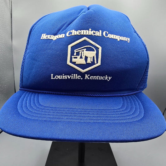 Vintage 80s Hexagon Chemical Company Louisville Kentucky Blue Crown Trucker Hat