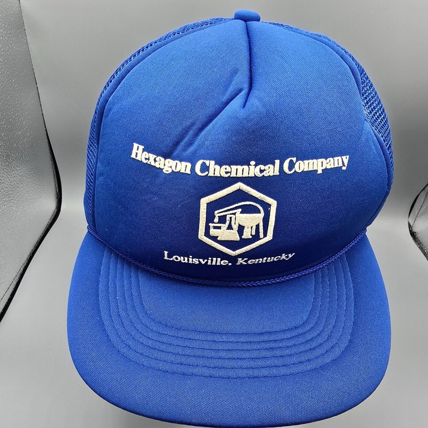 Vintage 80s Hexagon Chemical Company Louisville Kentucky Blue Crown Trucker Hat