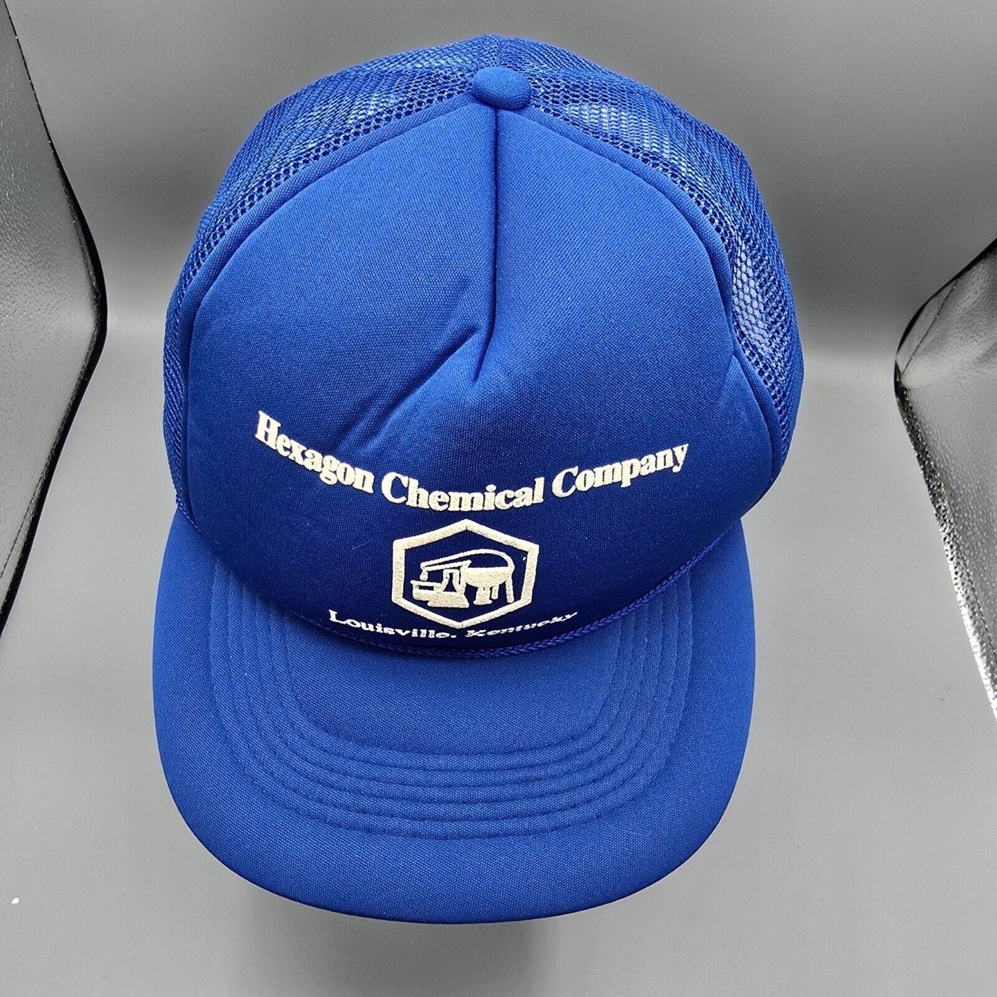 Vintage 80s Hexagon Chemical Company Louisville Kentucky Blue Crown Trucker Hat