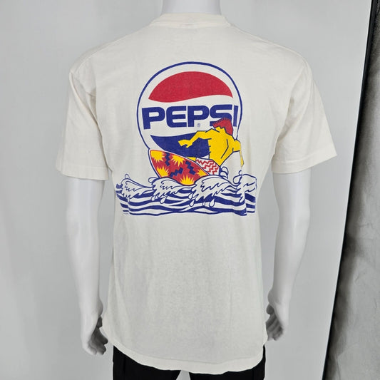 Vintage 1990s Fruit of the Loom Pepsi Surfing Back Graphic White T-Shirt (M/L)