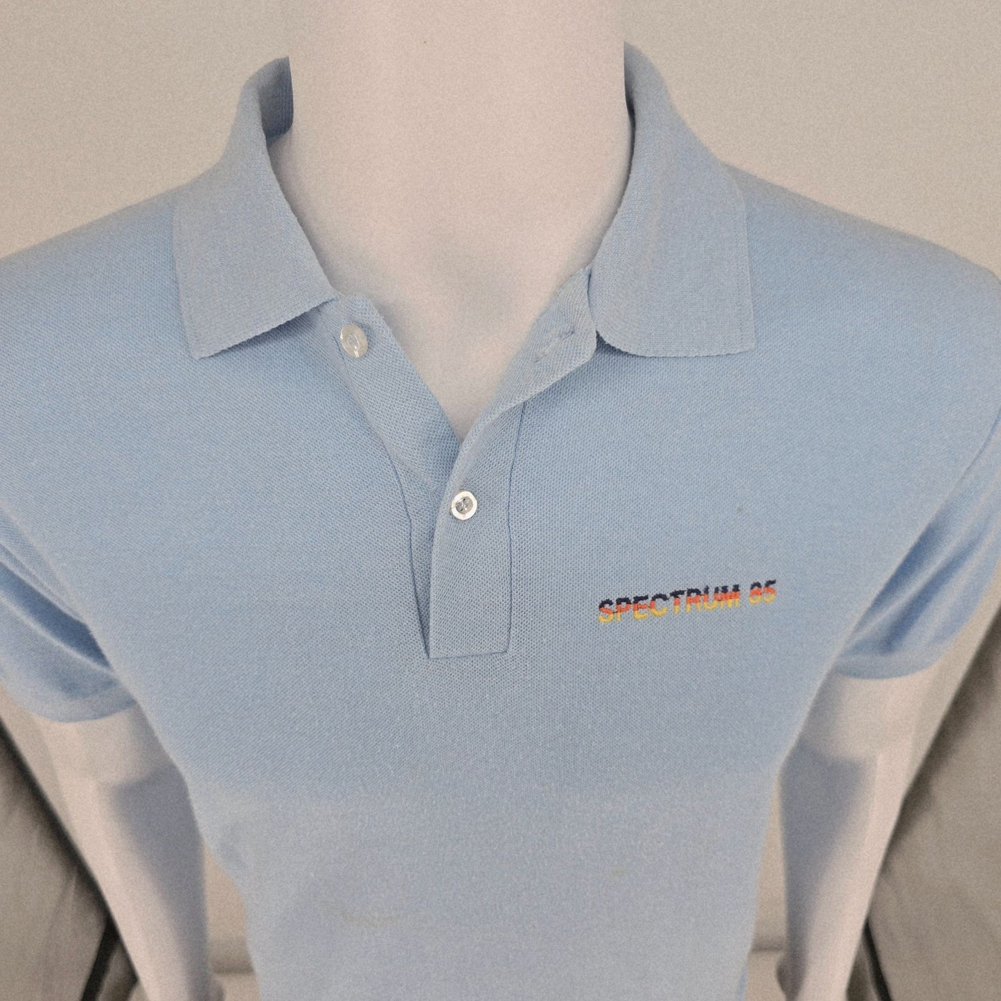 Vintage 1980s Velva Sheen Made in USA "Spectrum 85" Light Blue Polo Shirt (M/L)