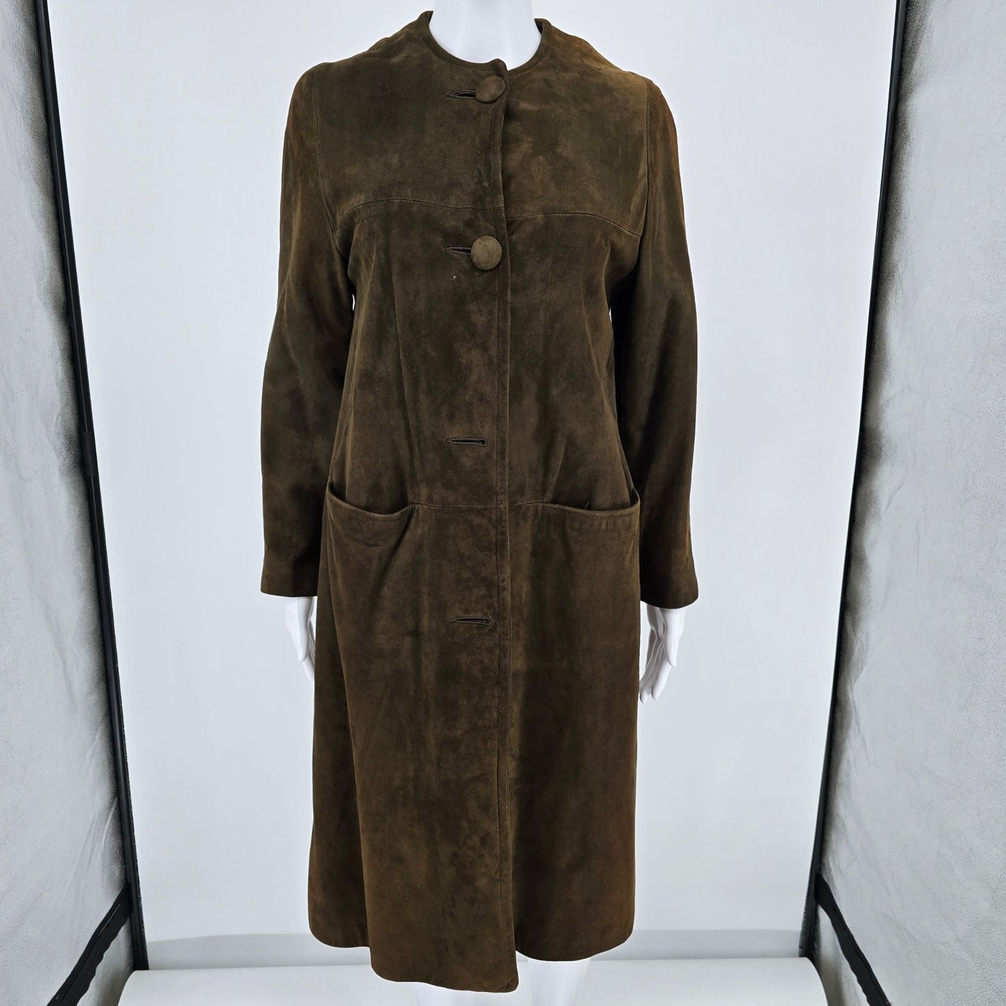 Vintage 1960s Unbranded Women's Brown Suede Leather Collarless Long Coat (S)