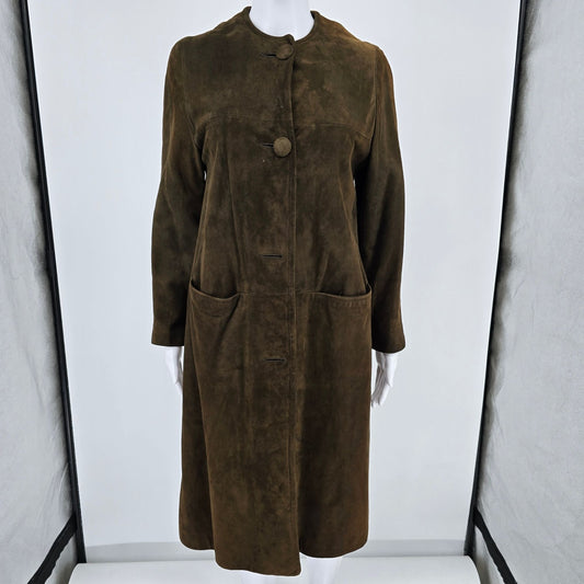 Vintage 1960s Unbranded Women's Brown Suede Leather Collarless Long Coat (S)