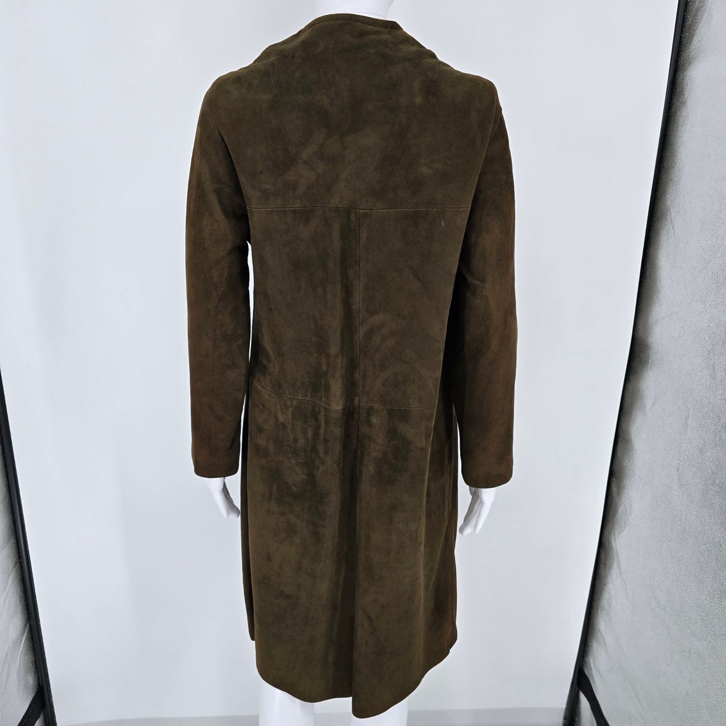 Vintage 1960s Unbranded Women's Brown Suede Leather Collarless Long Coat (S)