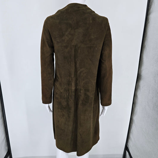Vintage 1960s Unbranded Women's Brown Suede Leather Collarless Long Coat (S)