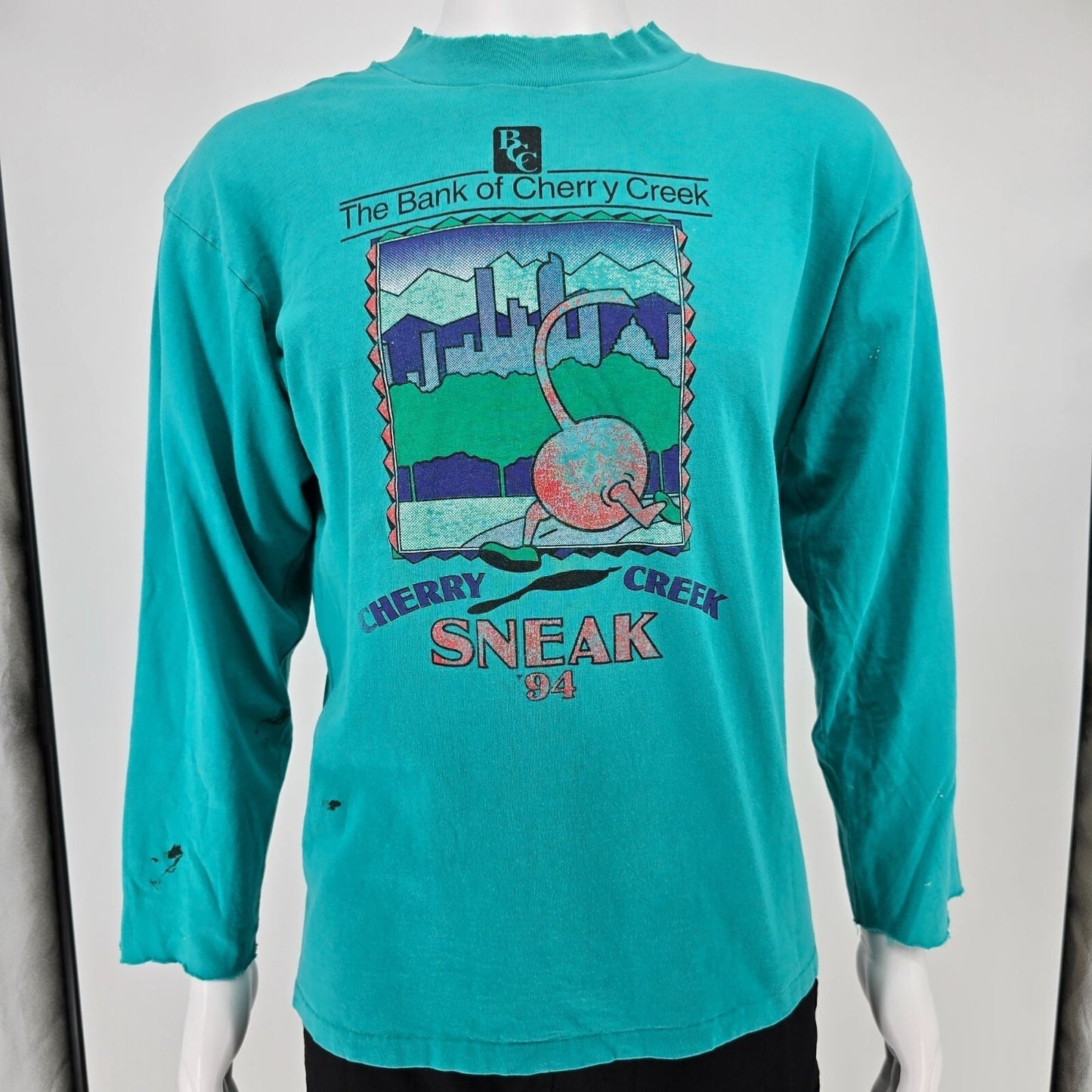 Distressed Vintage 1994 Cherry Creek Sneak Denver Teal Long Sleeve T-Shirt (L)