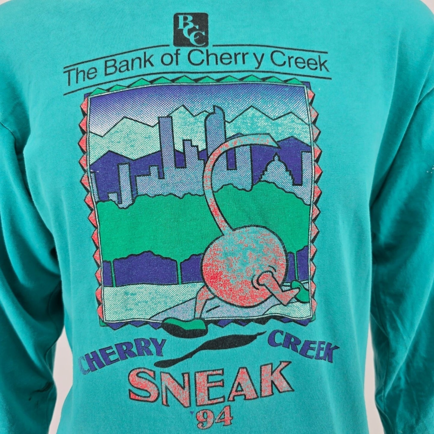 Distressed Vintage 1994 Cherry Creek Sneak Denver Teal Long Sleeve T-Shirt (L)