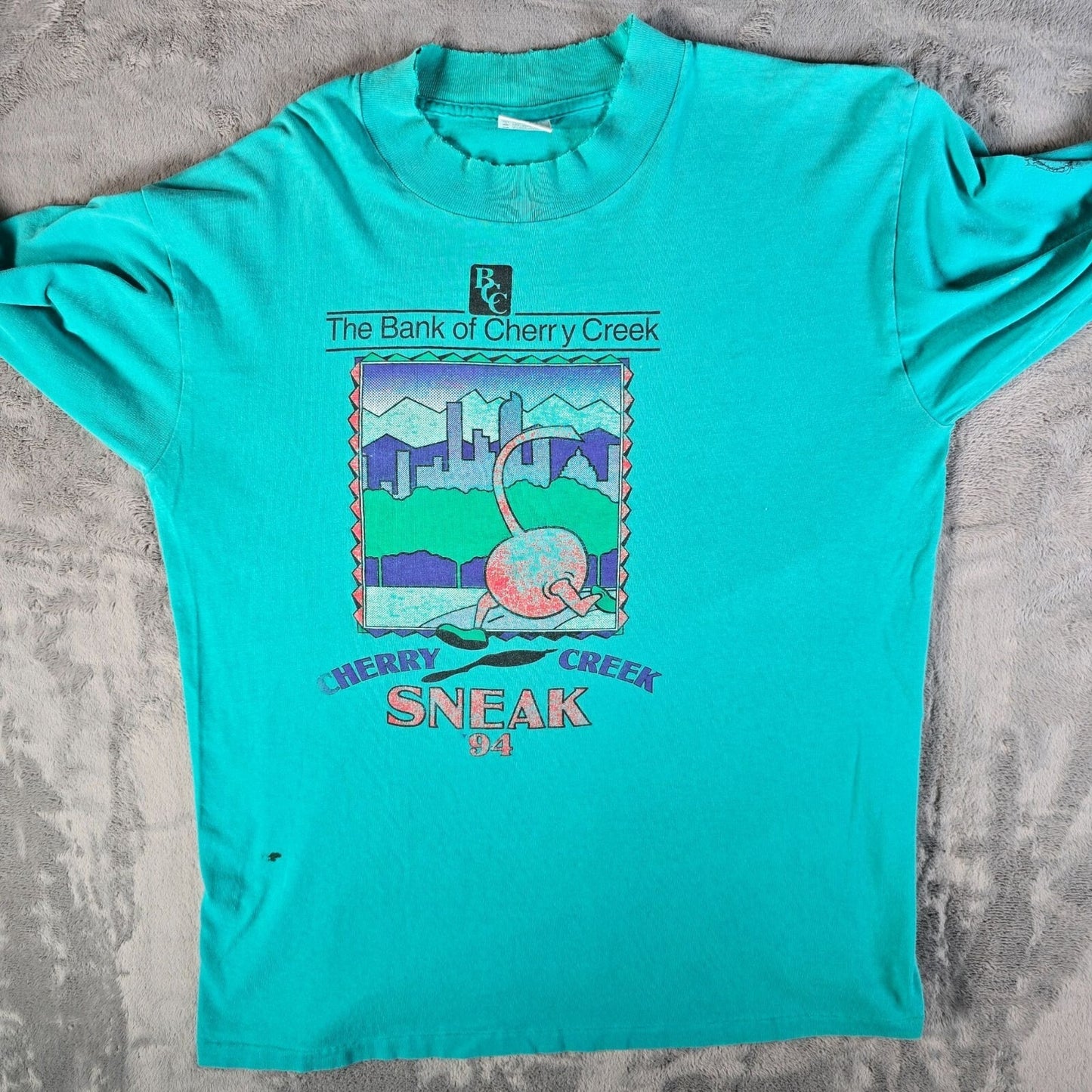 Distressed Vintage 1994 Cherry Creek Sneak Denver Teal Long Sleeve T-Shirt (L)