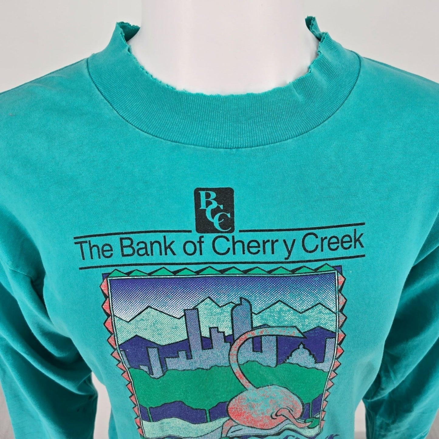 Distressed Vintage 1994 Cherry Creek Sneak Denver Teal Long Sleeve T-Shirt (L)