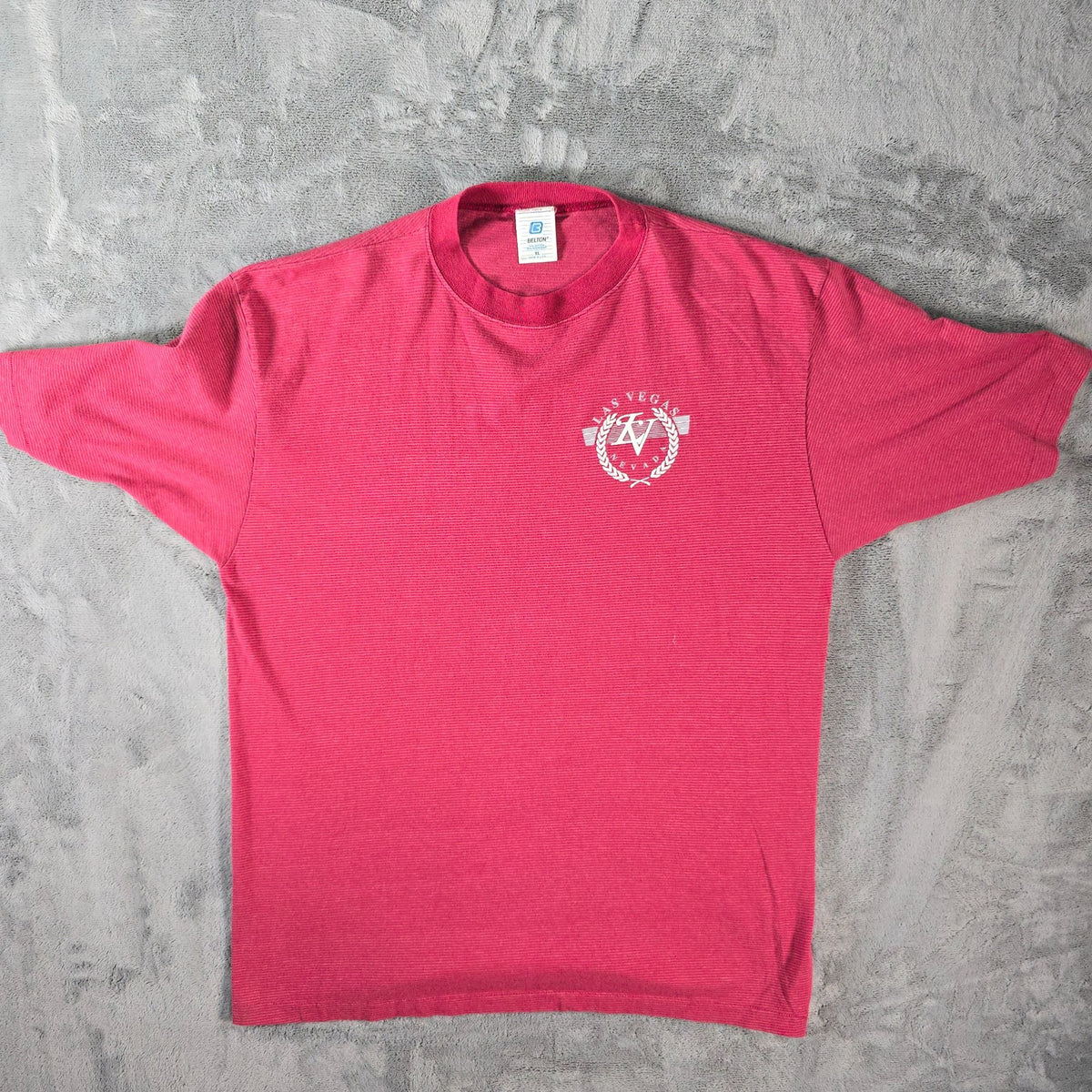 Vintage 1990s Belton Las Vegas Nevada Red/White Striped T-Shirt (L/XL)