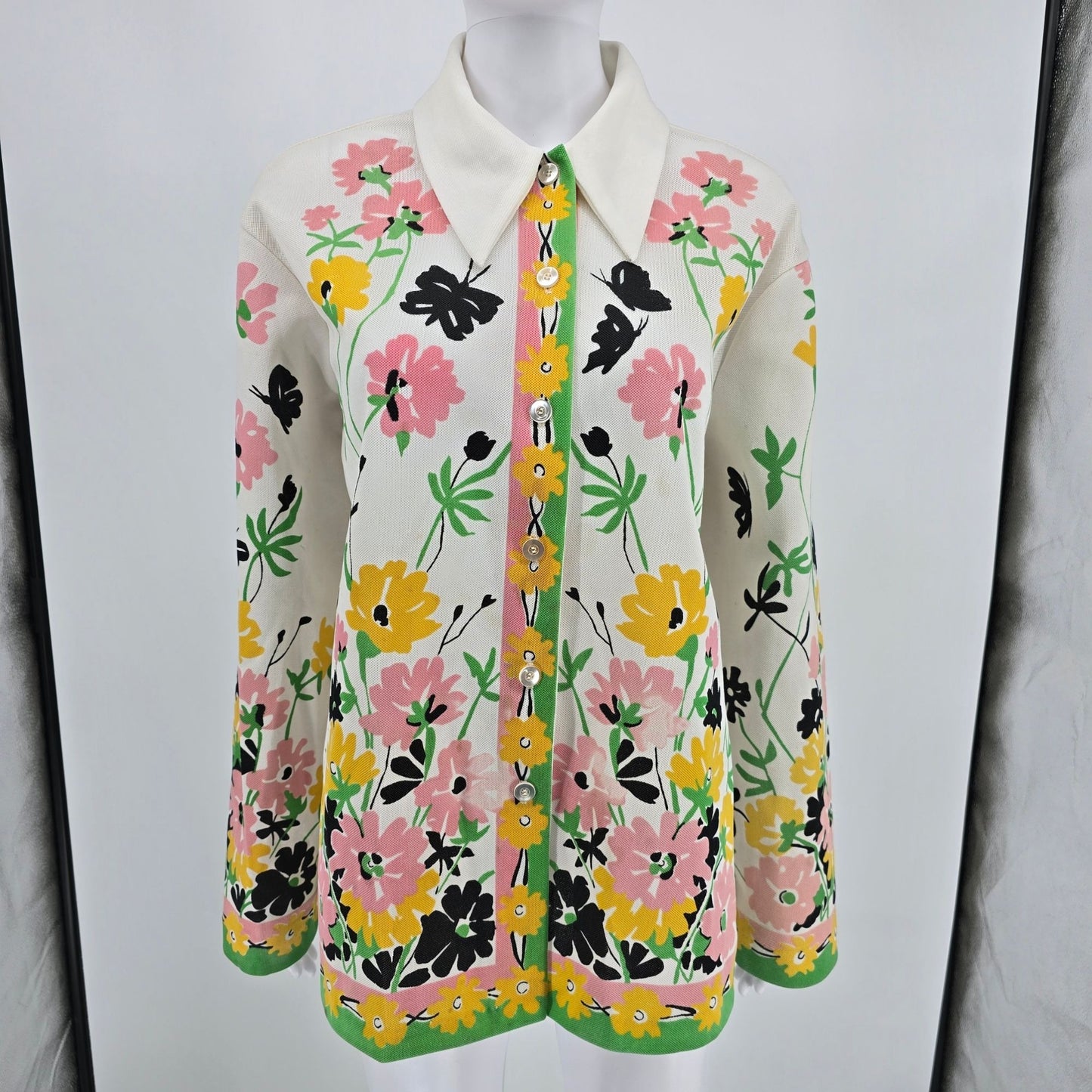 Vintage 1970s Floral Butterfly Polyester Double Knit Button-Up Top (XXL)