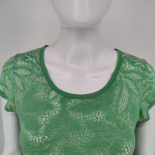 Tahari Green Translucent Scoop Neck Short Sleeve Patterned Top (XS) -Fair Cond.