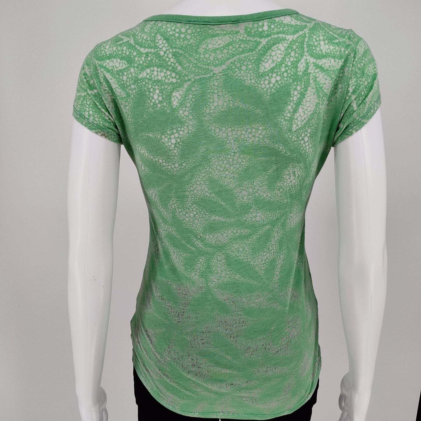 Tahari Green Translucent Scoop Neck Short Sleeve Patterned Top (XS) -Fair Cond.