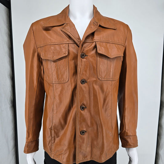 Vintage 1970s Richman Brother Cognac Brown Notch Collar Leather Jacket (M)