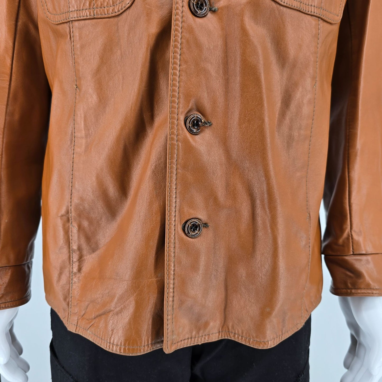 Vintage 1970s Richman Brother Cognac Brown Notch Collar Leather Jacket (M)