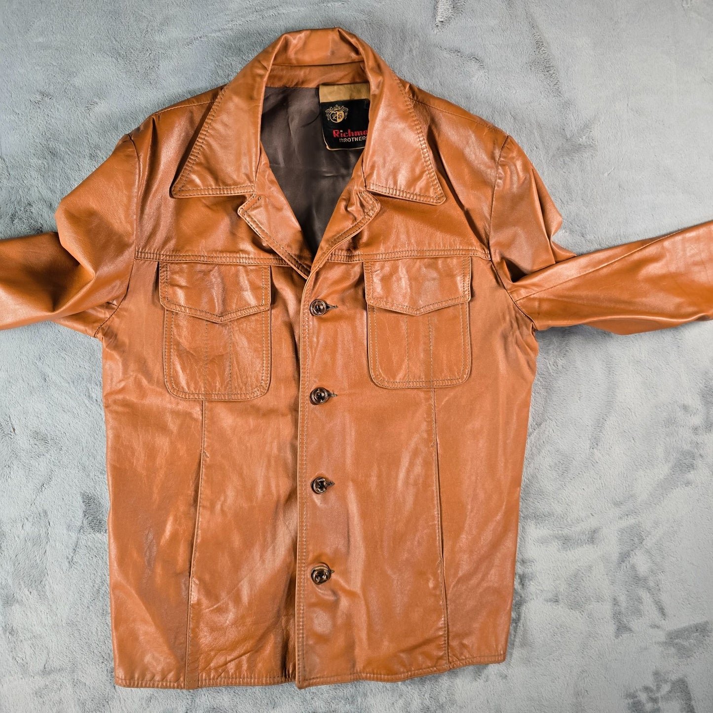 Vintage 1970s Richman Brother Cognac Brown Notch Collar Leather Jacket (M)