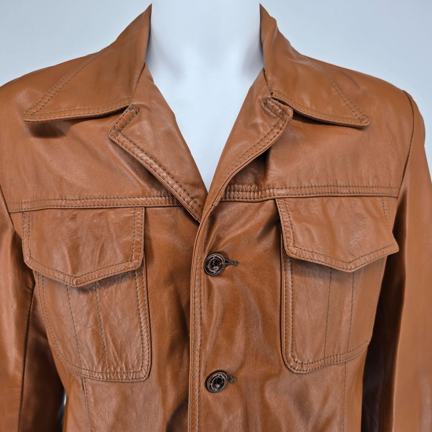 Vintage 1970s Richman Brother Cognac Brown Notch Collar Leather Jacket (M)