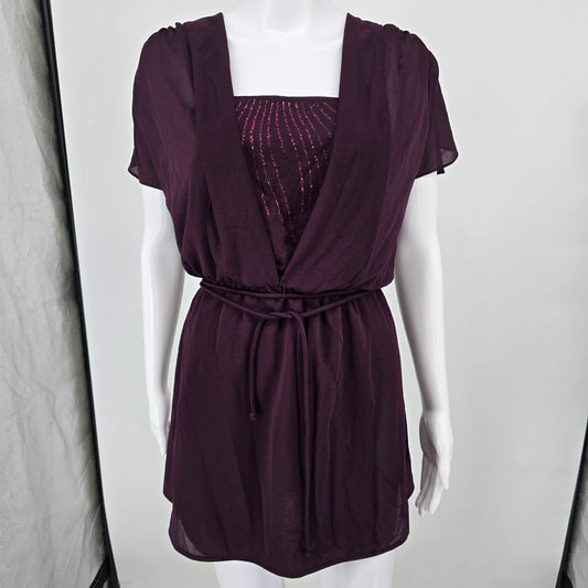 Vintage 1970s Darcy Dress Purple Plum Sheer Overlay Sequined Mini Dress (Small)