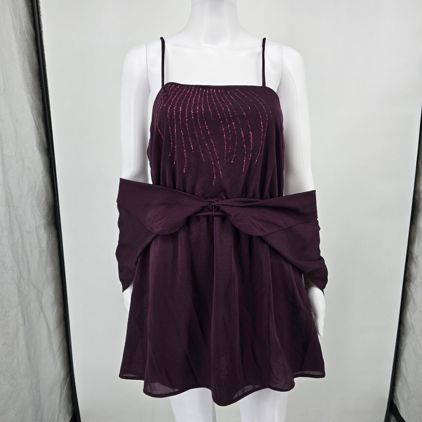 Vintage 1970s Darcy Dress Purple Plum Sheer Overlay Sequined Mini Dress (Small)