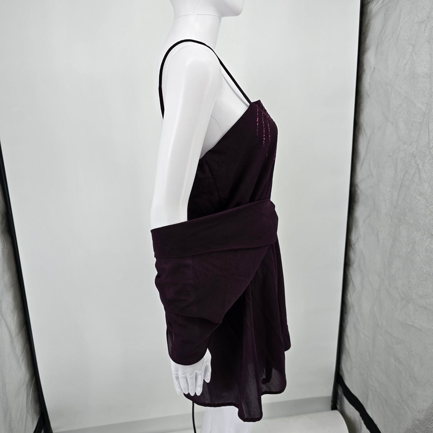 Vintage 1970s Darcy Dress Purple Plum Sheer Overlay Sequined Mini Dress (Small)