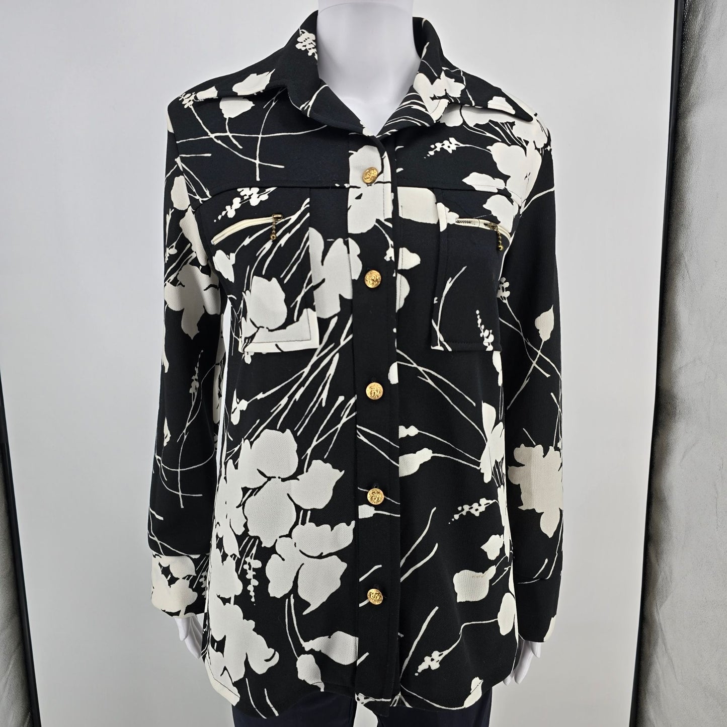 Vintage 1990s Floral Black & White Shirt Jacket & Shell Top Two-Piece Set (M/L)