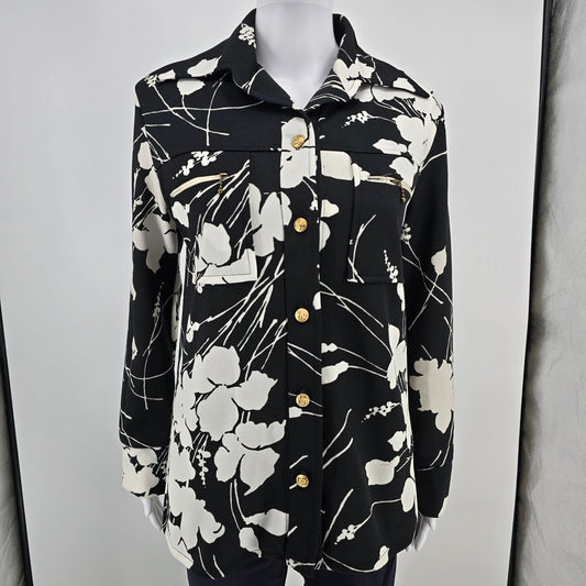 Vintage 1990s Floral Black & White Shirt Jacket & Shell Top Two-Piece Set (M/L)