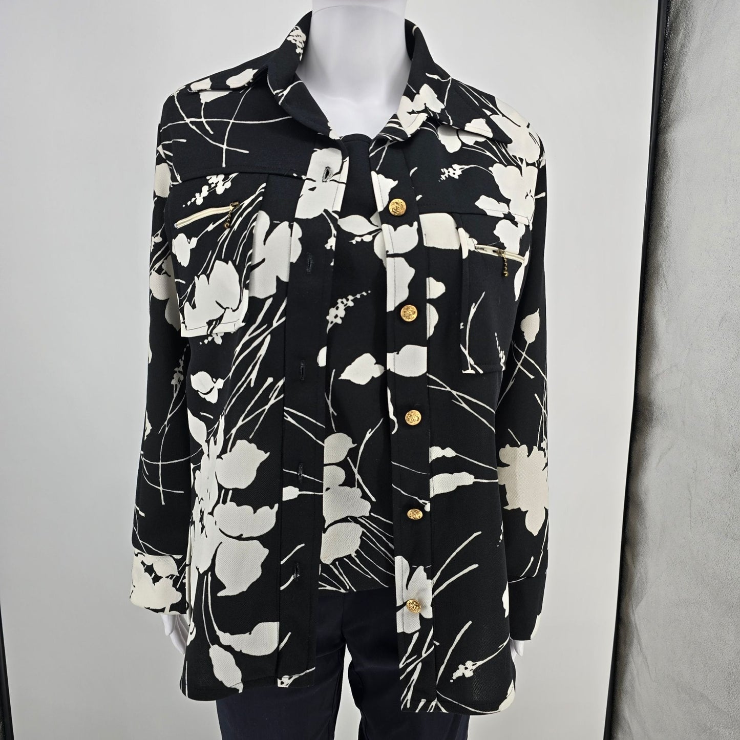 Vintage 1990s Floral Black & White Shirt Jacket & Shell Top Two-Piece Set (M/L)