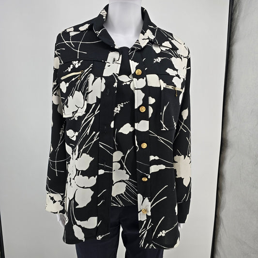 Vintage 1990s Floral Black & White Shirt Jacket & Shell Top Two-Piece Set (M/L)
