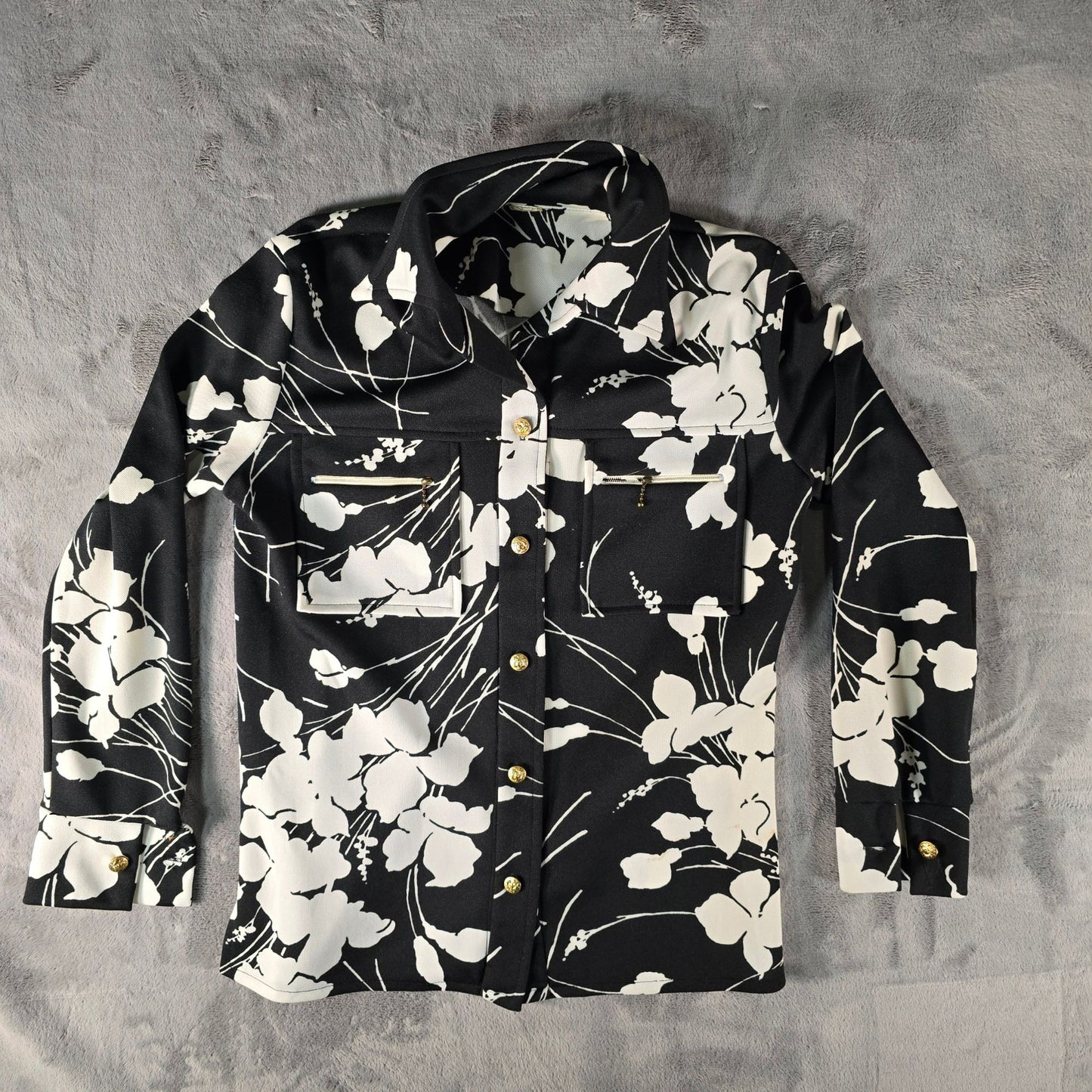 Vintage 1990s Floral Black & White Shirt Jacket & Shell Top Two-Piece Set (M/L)
