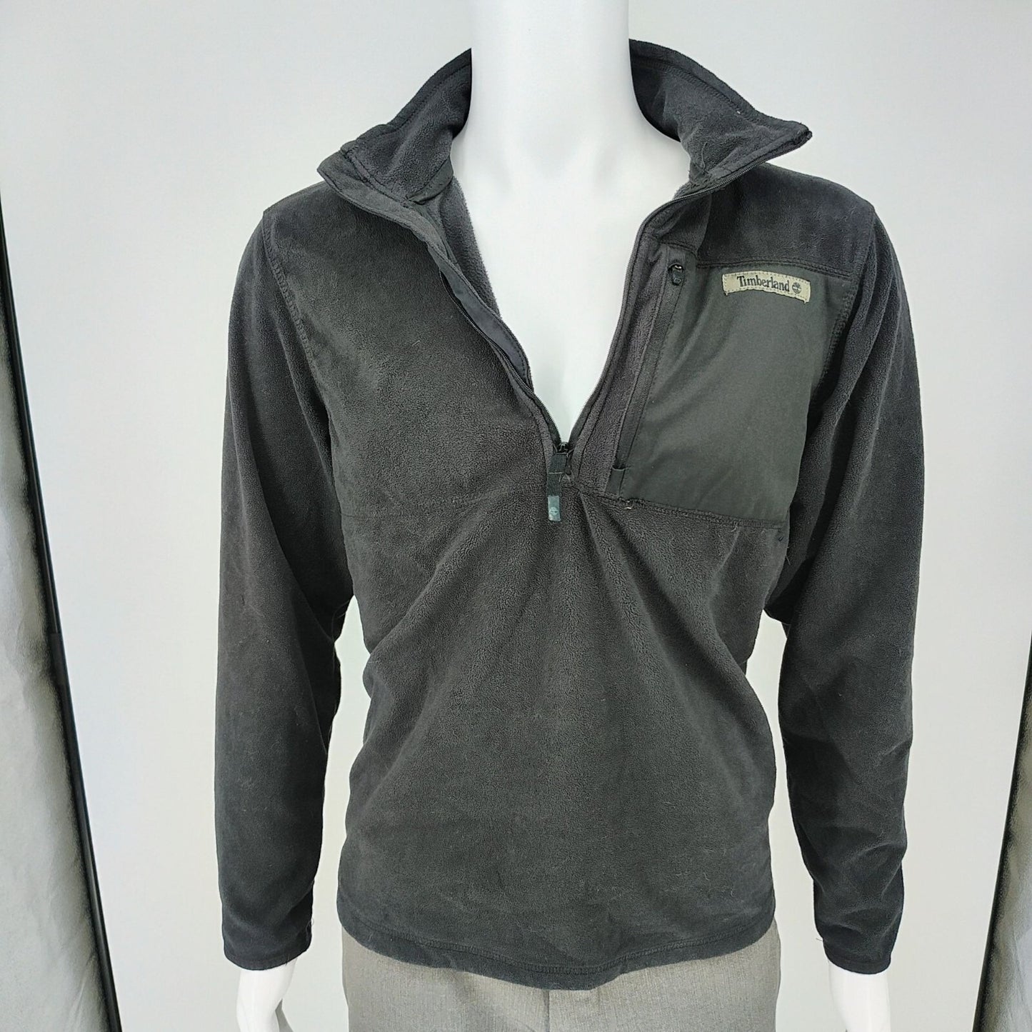 Timberland Mens Black and Gray Quarter Zip Fleece Pullover Jacket (Medium)